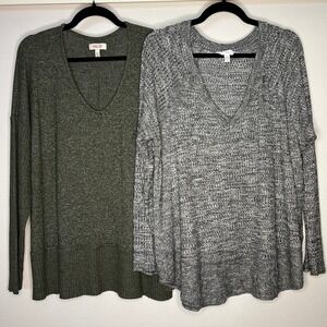 BUNDLE of 2 Per Se Green Time and Tru Gray Women XL Long Sleeve Casual Knit Tops